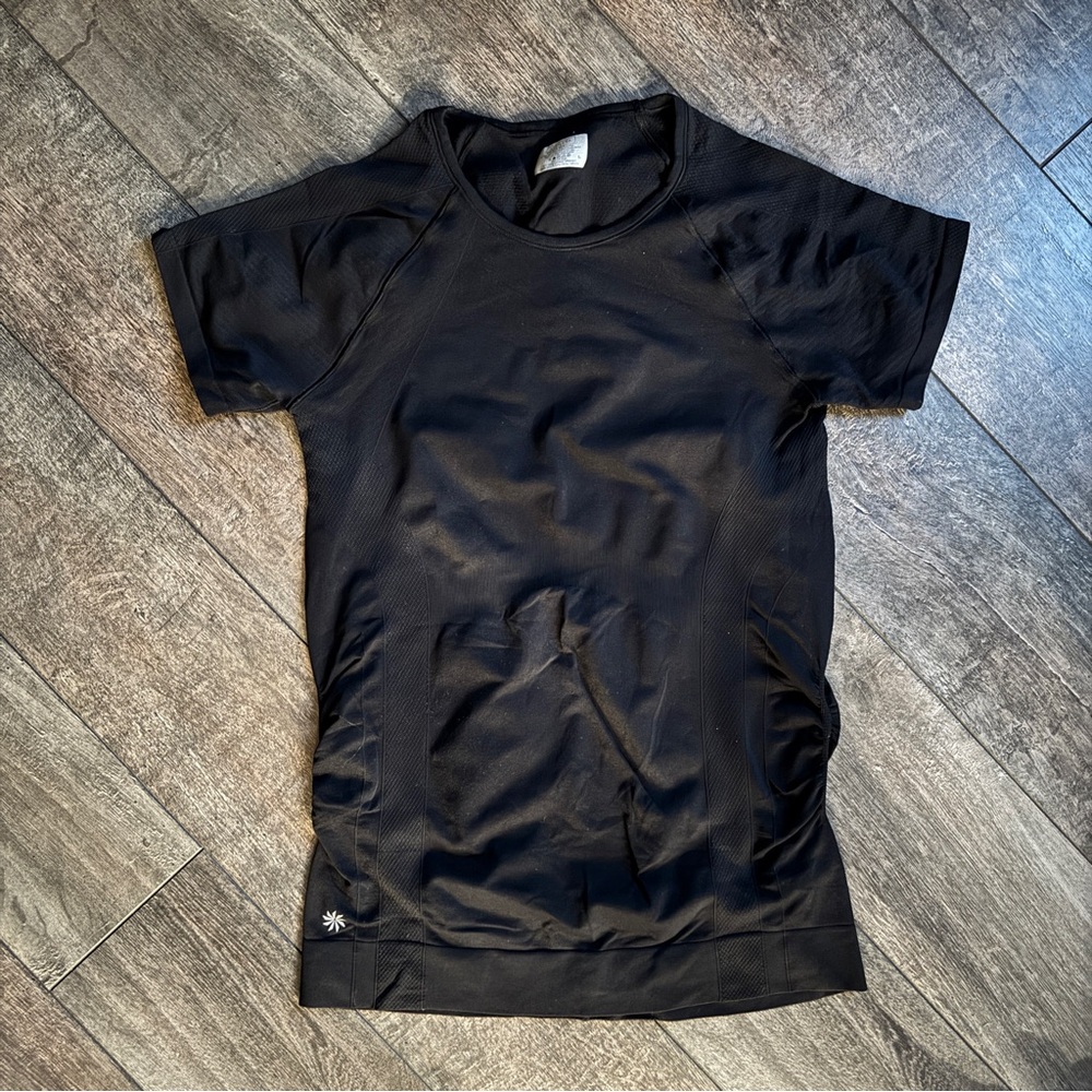 Athleta Finish Fast Seamless Short Sleeve Ruched Tee Black size Large